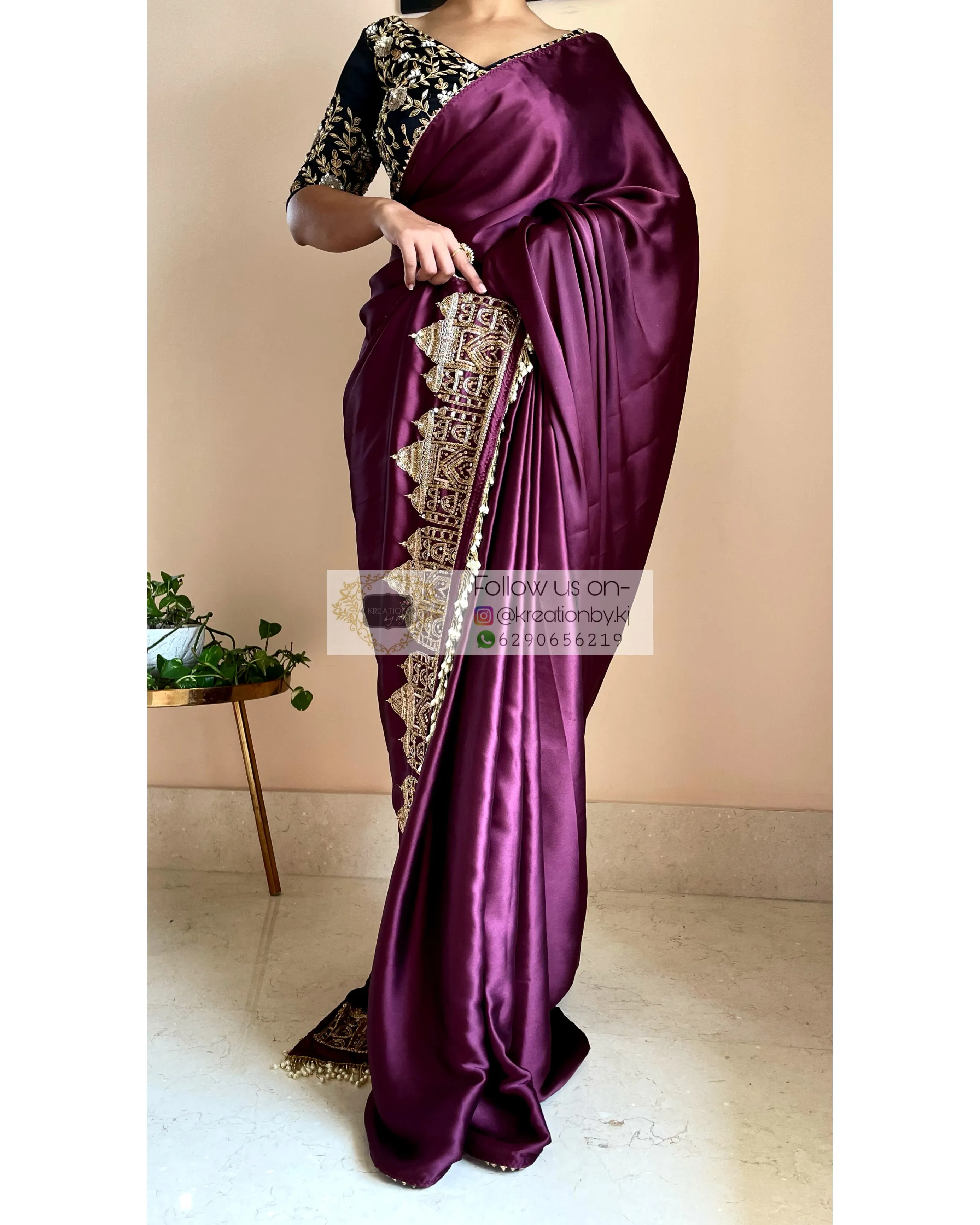 Dark Eggplant Wine Satin Silk Taj Mahal Saree