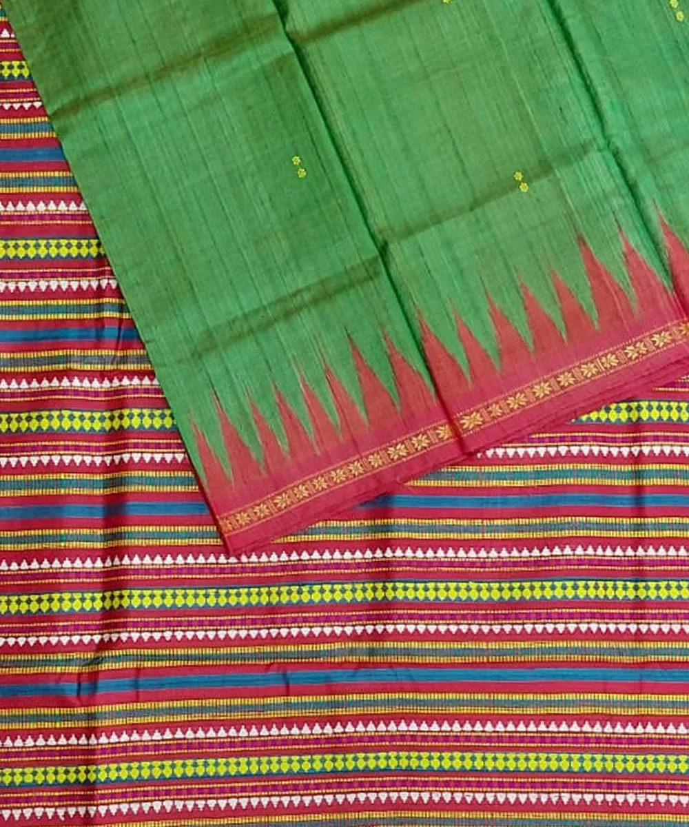 Dark green red tussar silk handloom gopalpur saree