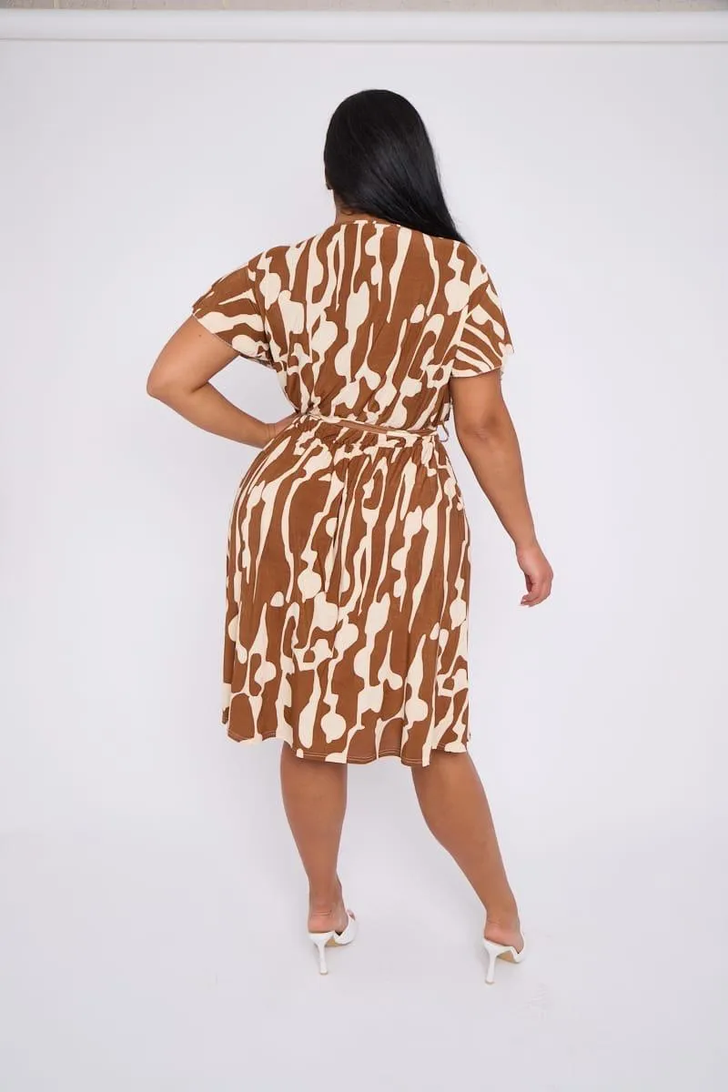 Demi Faux Wrap Dress in Wavy Tan