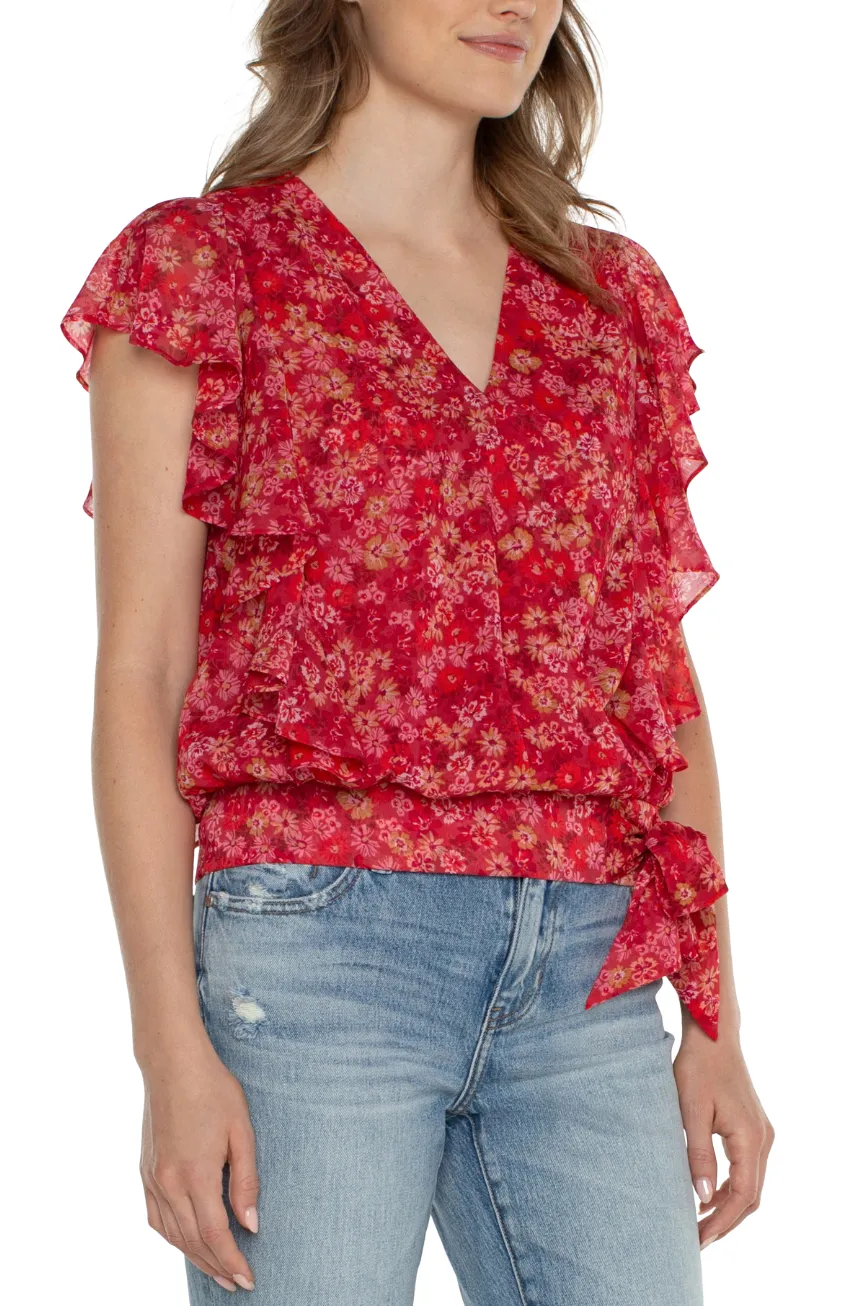 DRAPED FRONT TOP WITH WAIST TIE in Berry Blossom Floral