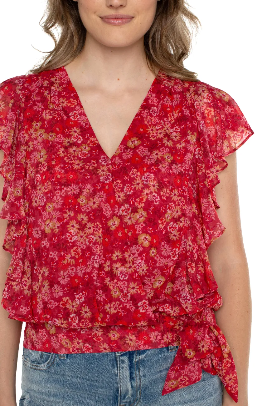 DRAPED FRONT TOP WITH WAIST TIE in Berry Blossom Floral