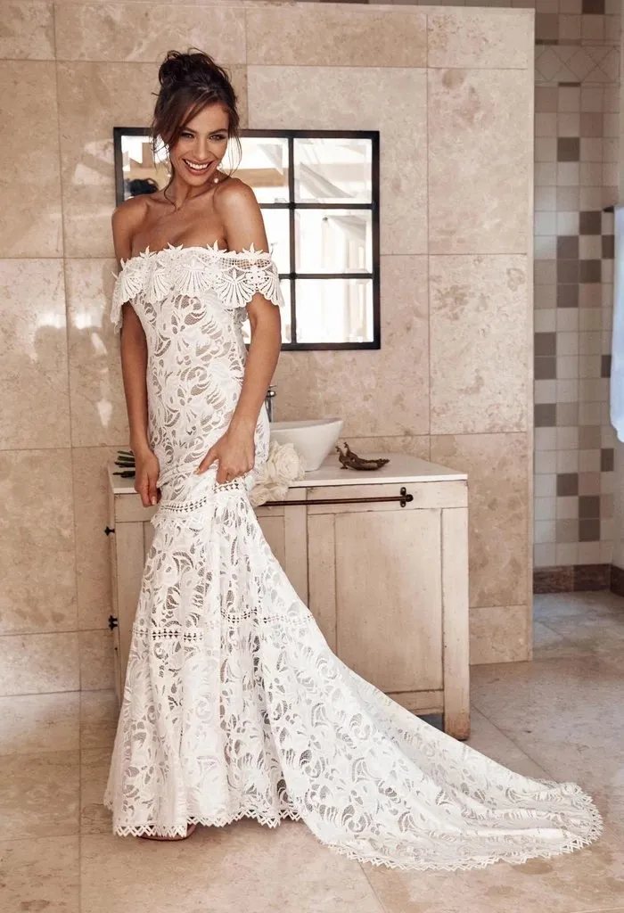 Elegant Off the Shoulder Ivory Lace Mermaid Beach Wedding Dress, Cheap Bridal Dress STK15188