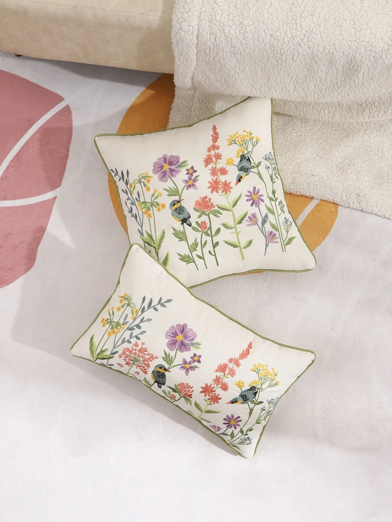 Embroidered Florals Pillow Cover