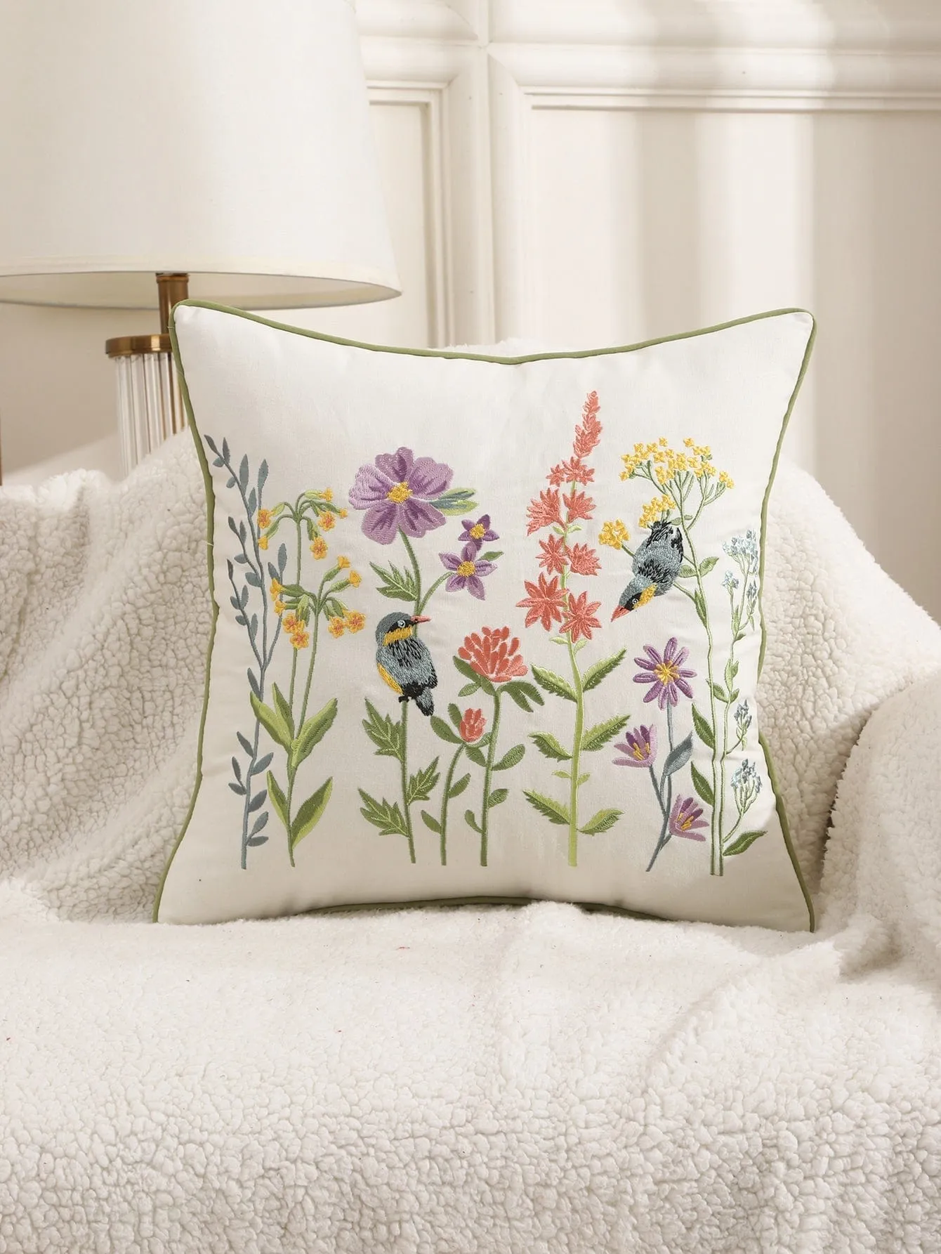 Embroidered Florals Pillow Cover