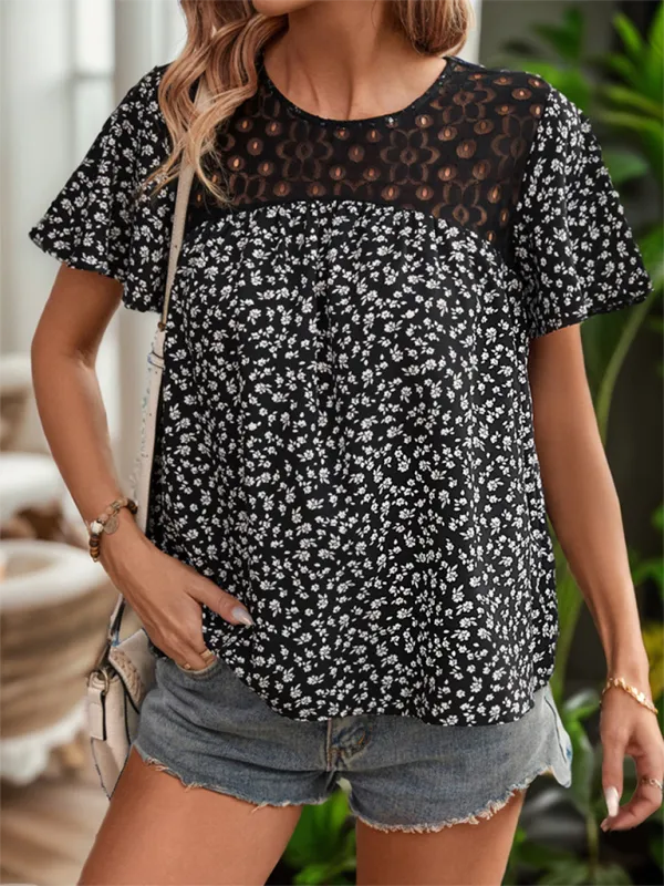 Fashionable women's lace patchwork printed short-sleeved round neck shirt