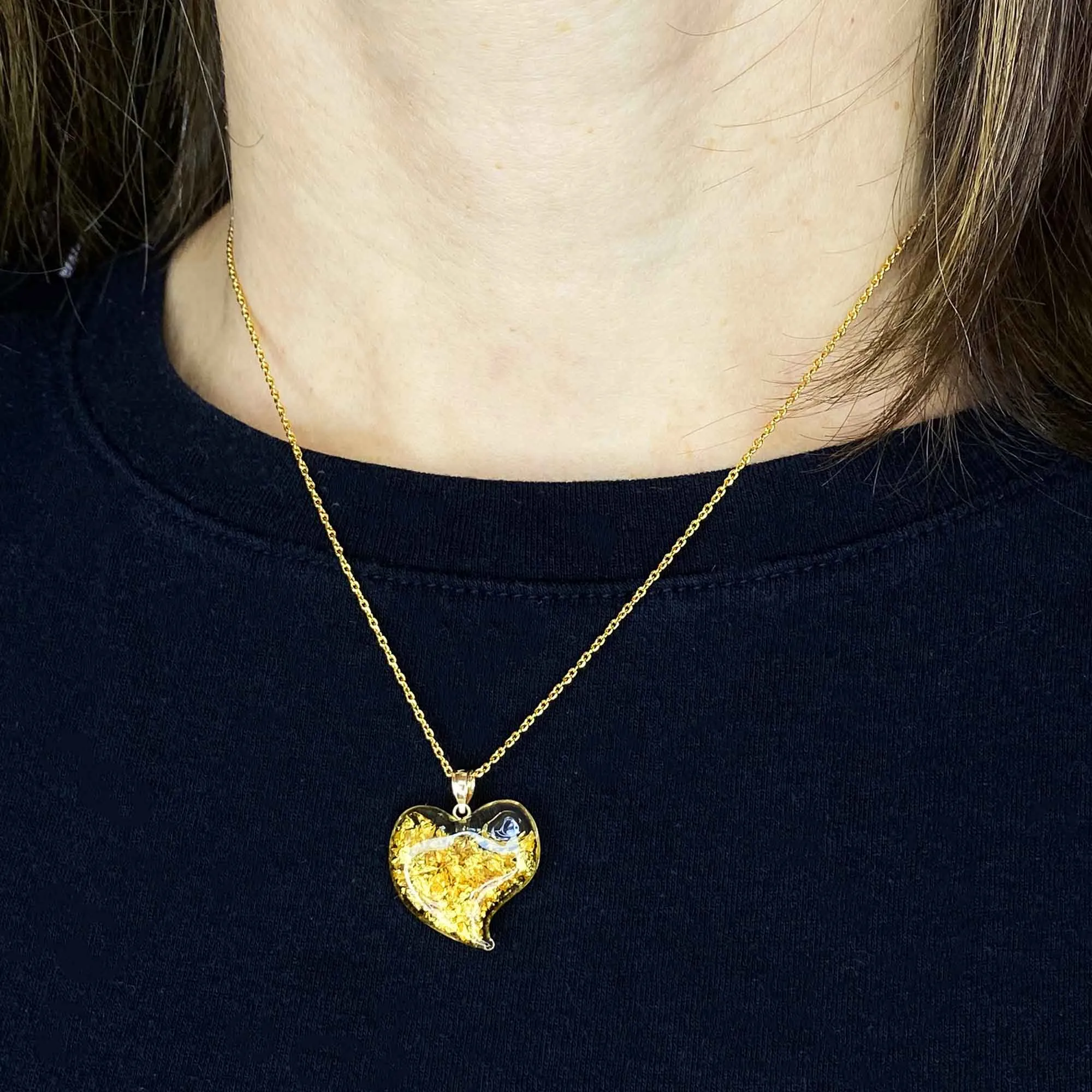 Floating Gold Flakes Witches Heart Pendant in 14K Gold