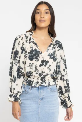 Flying High Cream Charcoal Floral LS Frilled Hem Top