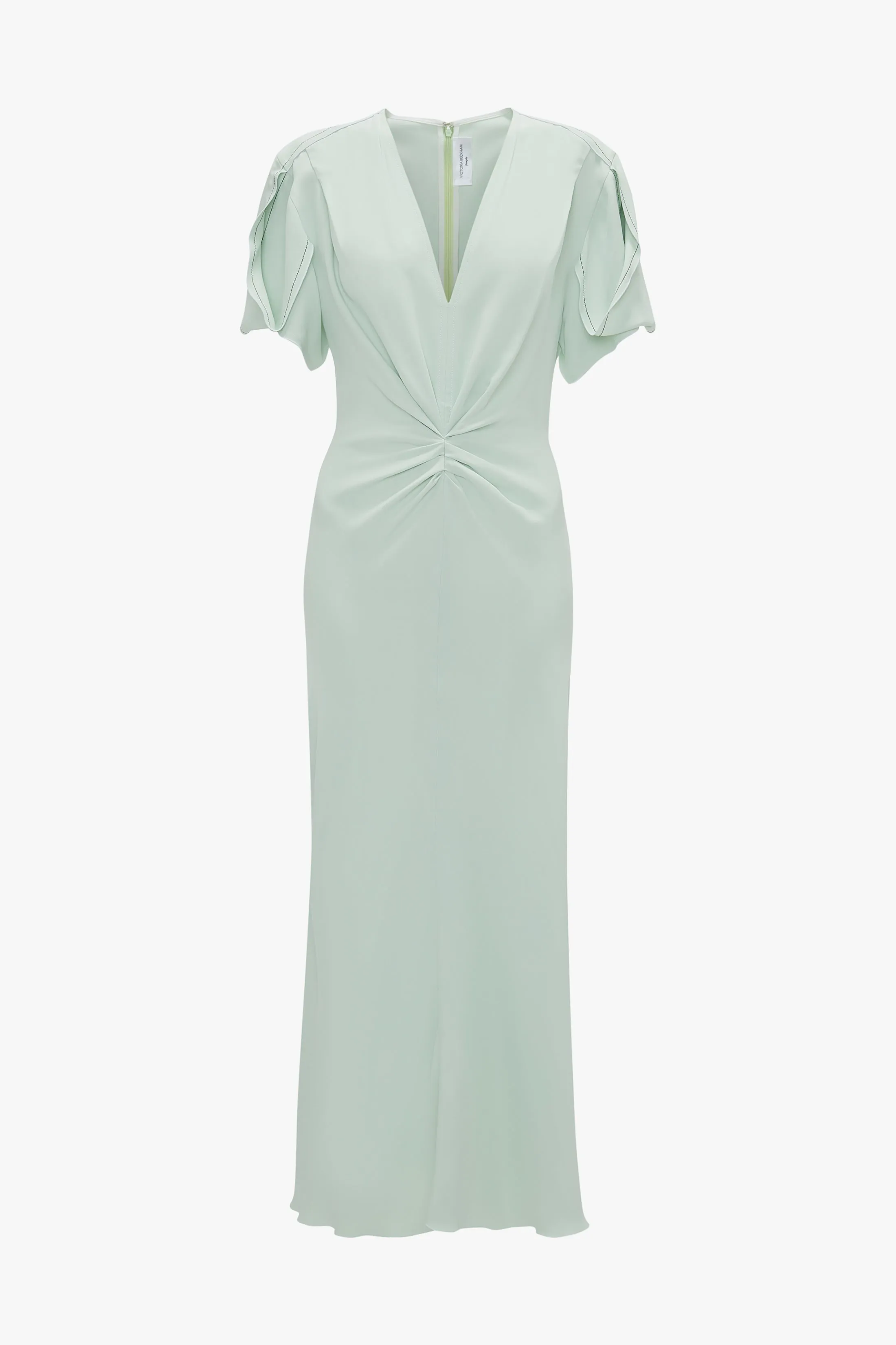 Gathered V-Neck Midi Dress In Jade