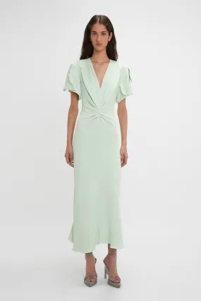 Gathered V-Neck Midi Dress In Jade