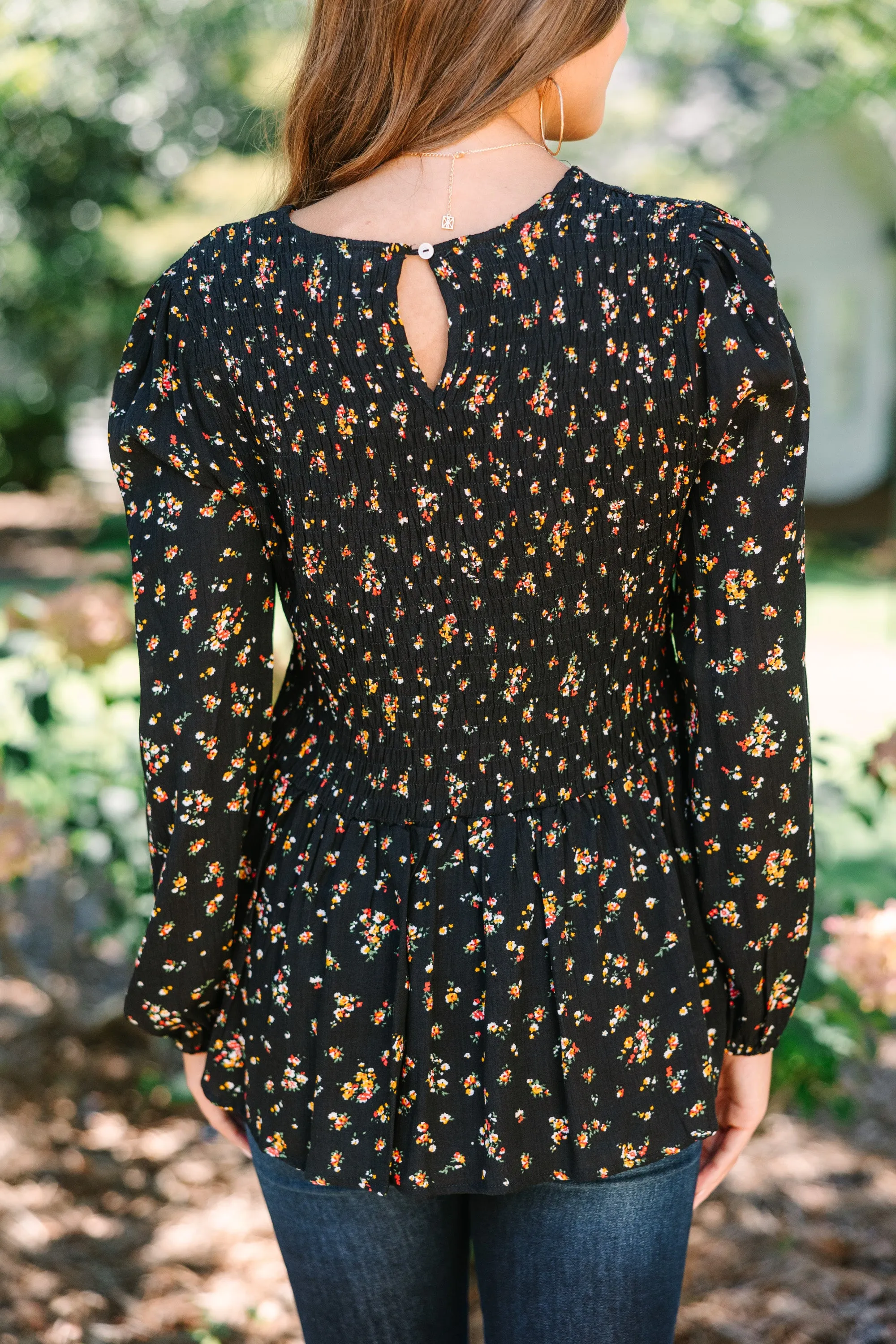 Getting Close Black Ditsy Floral Blouse