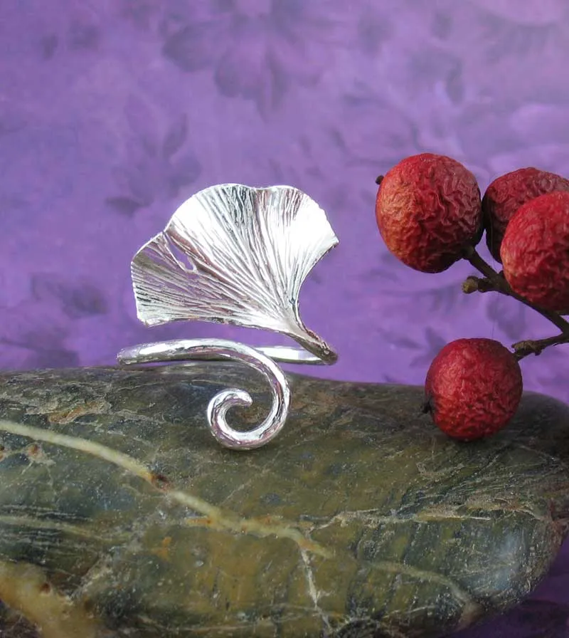 Ginkgo Leaf Wrap Ring With Curling Stem, Adjustable