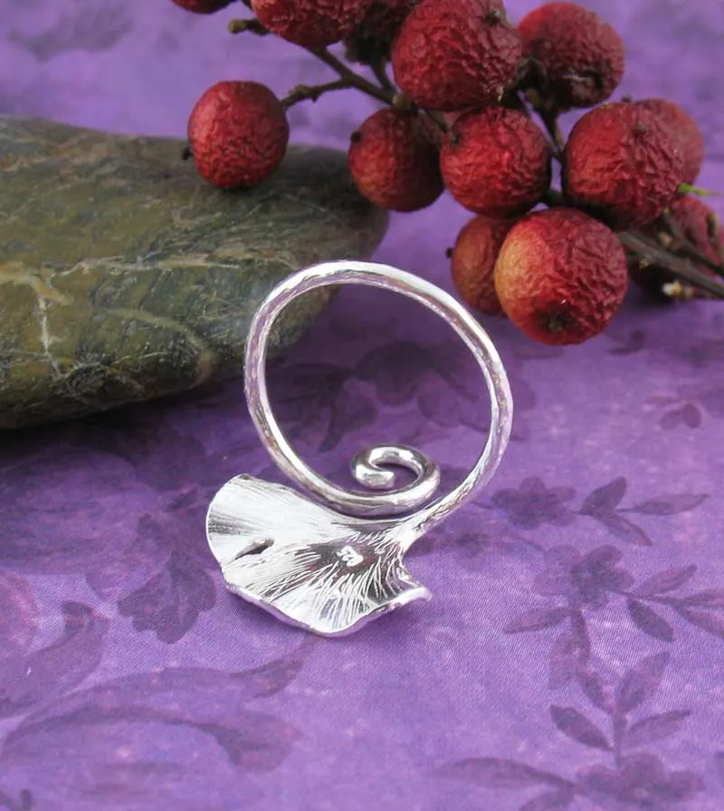 Ginkgo Leaf Wrap Ring With Curling Stem, Adjustable