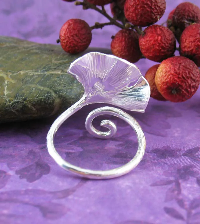 Ginkgo Leaf Wrap Ring With Curling Stem, Adjustable