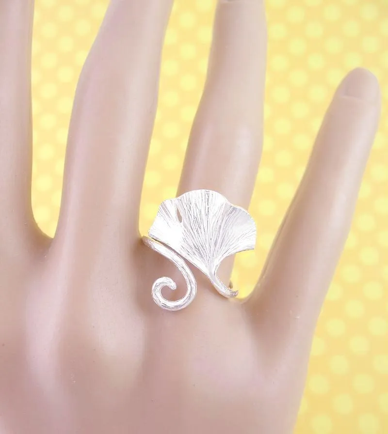 Ginkgo Leaf Wrap Ring With Curling Stem, Adjustable