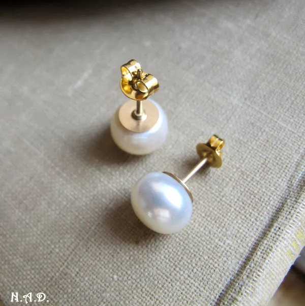 Gold Studs with Big Freshwater Pearls, Large Pearl Stud Earrings - Ivory AAA Pearl Button Studs