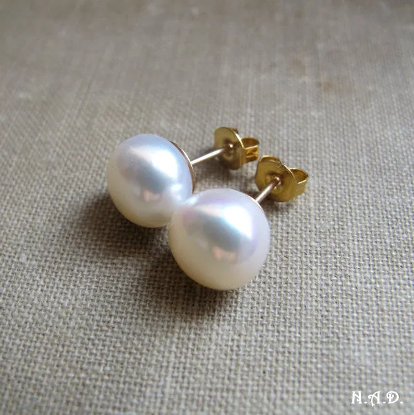 Gold Studs with Big Freshwater Pearls, Large Pearl Stud Earrings - Ivory AAA Pearl Button Studs