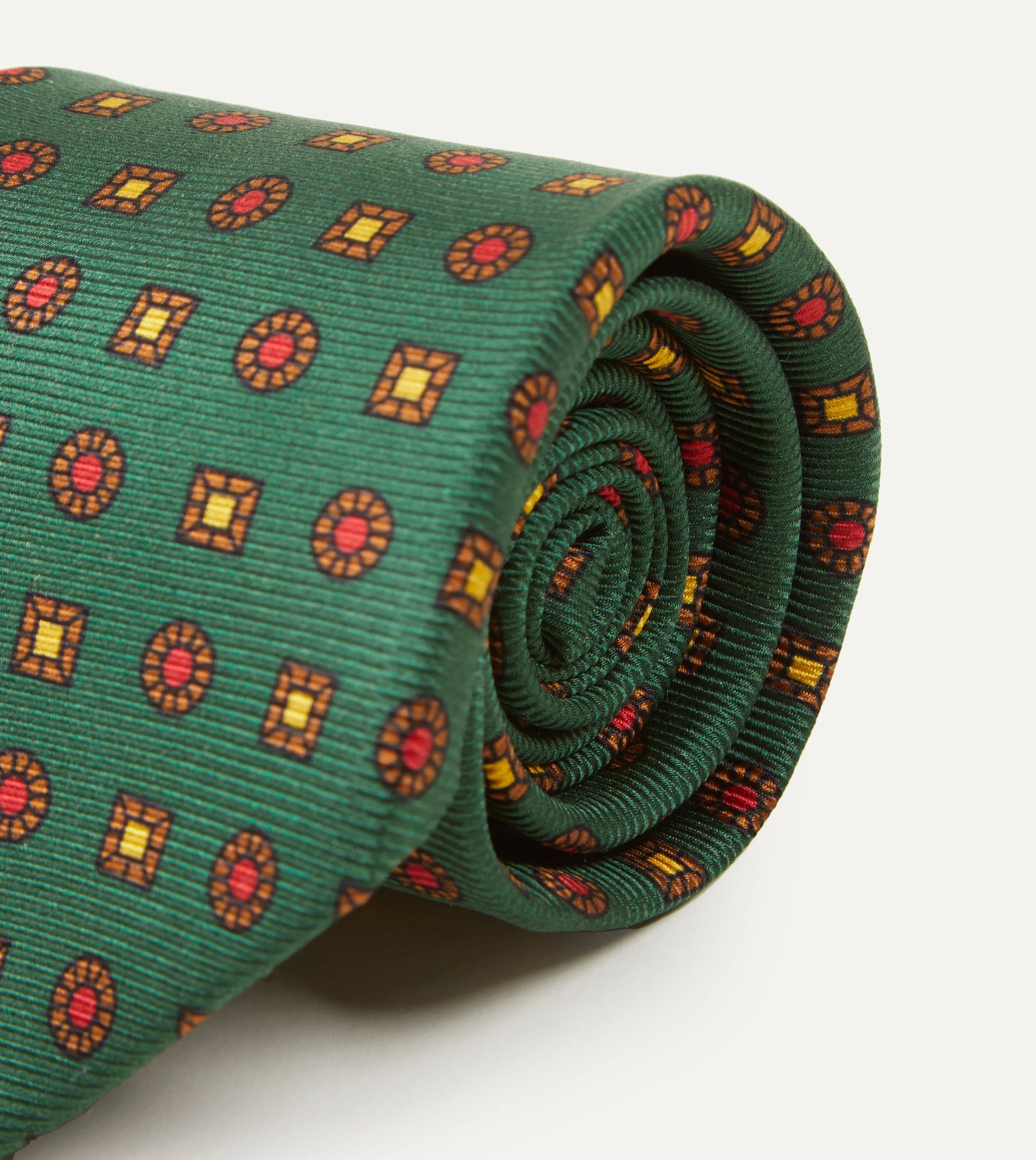 Green and Red Geometric Medallion Print Madder Twill Silk Tie