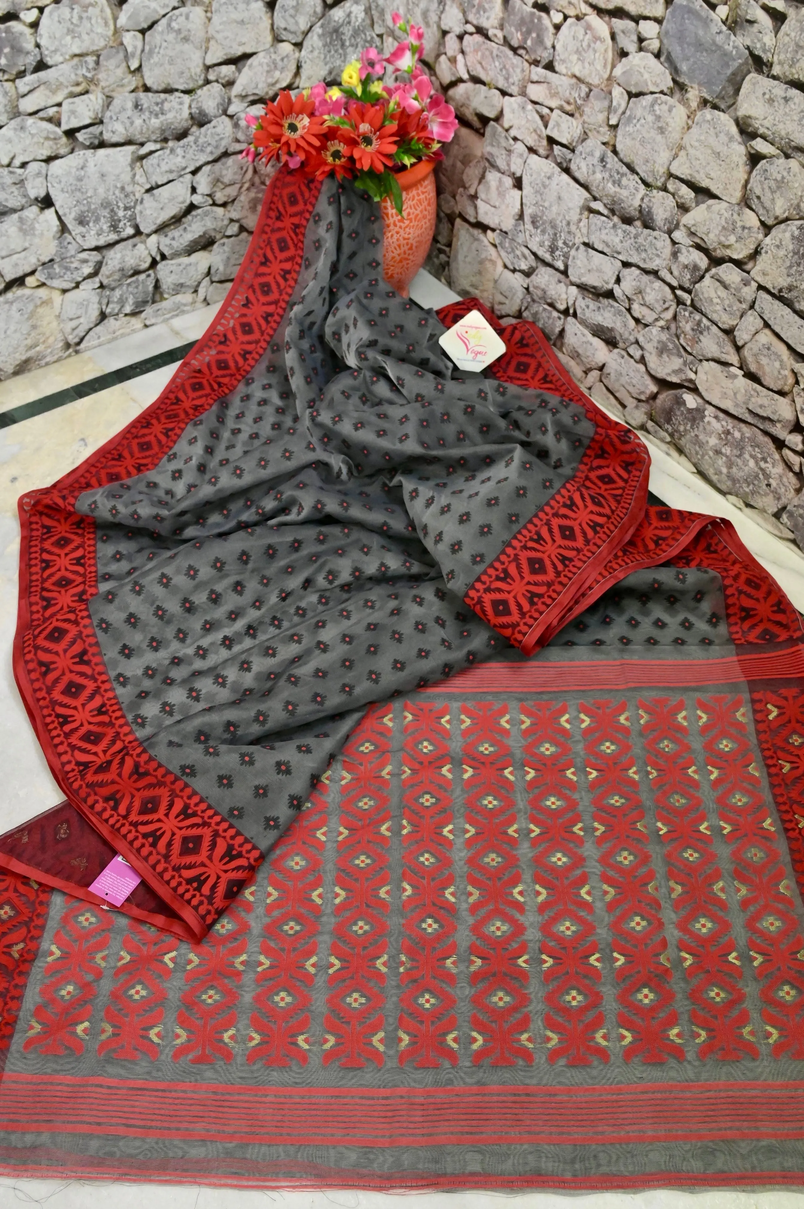 Grey and Red Color Jamdani Saree