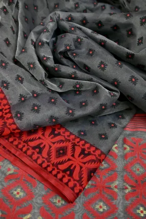 Grey and Red Color Jamdani Saree