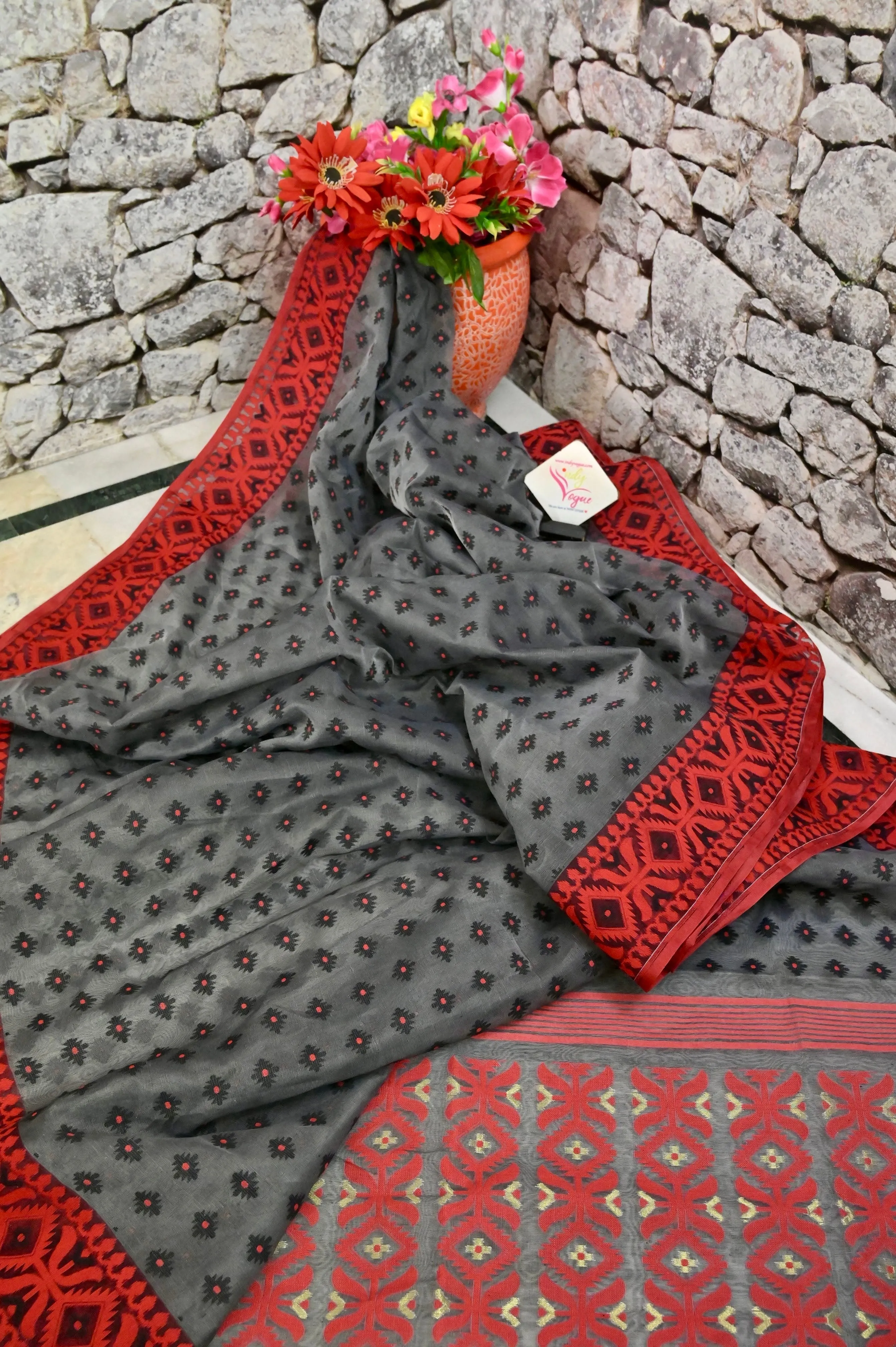 Grey and Red Color Jamdani Saree