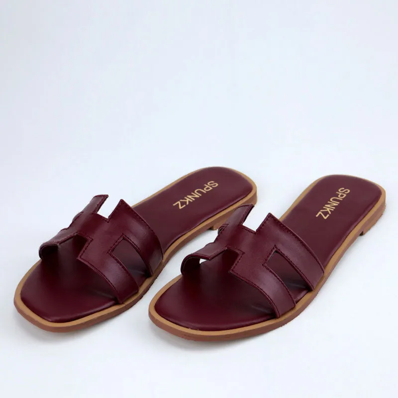 H Strap Leather Flat Casual Sandals