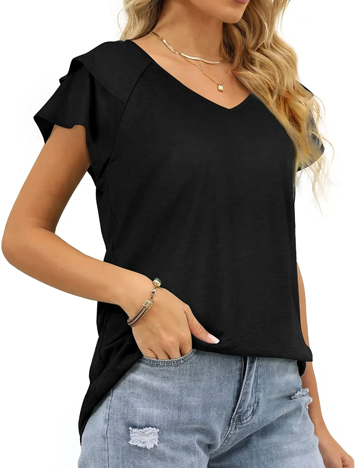 Haute Edition Women's Flutter Sleeve V-Neck Blouse