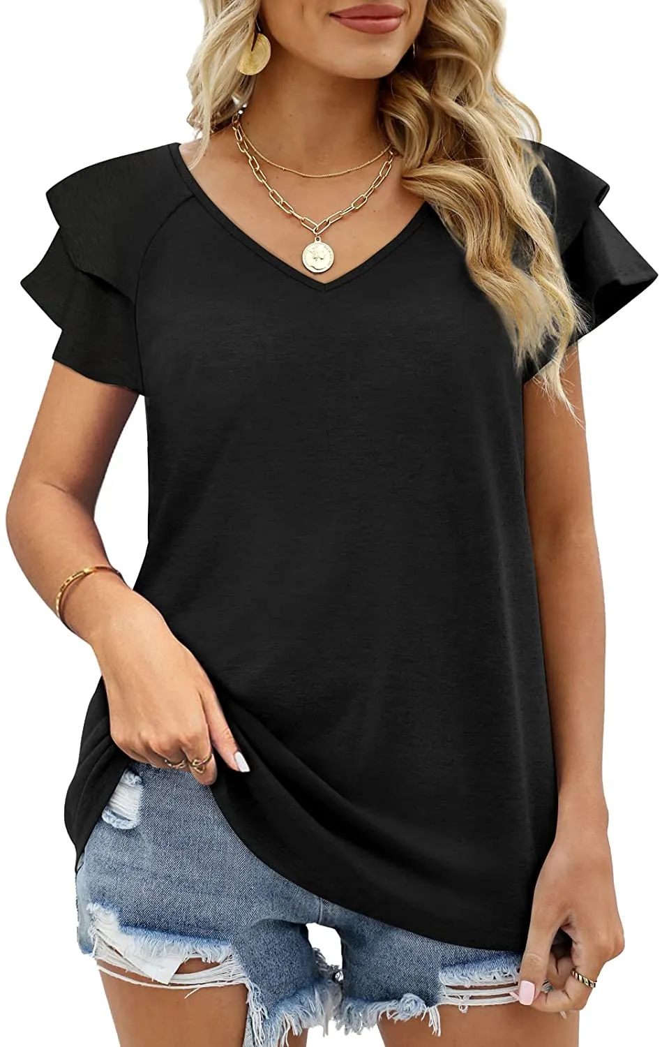 Haute Edition Women's Flutter Sleeve V-Neck Blouse