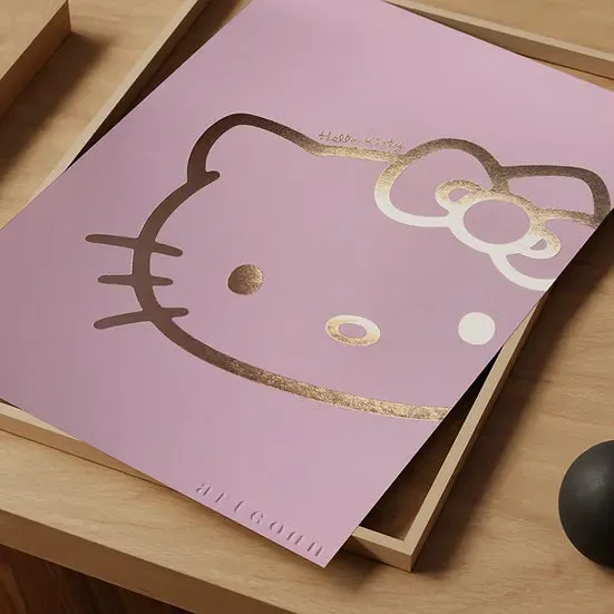 Hello Kitty Gold Foil Art Print - Charming Pink Background with Iconic Face