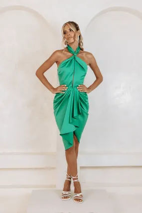 JOSEPHINE Satin Knot Front Halter Midi Dress In Green