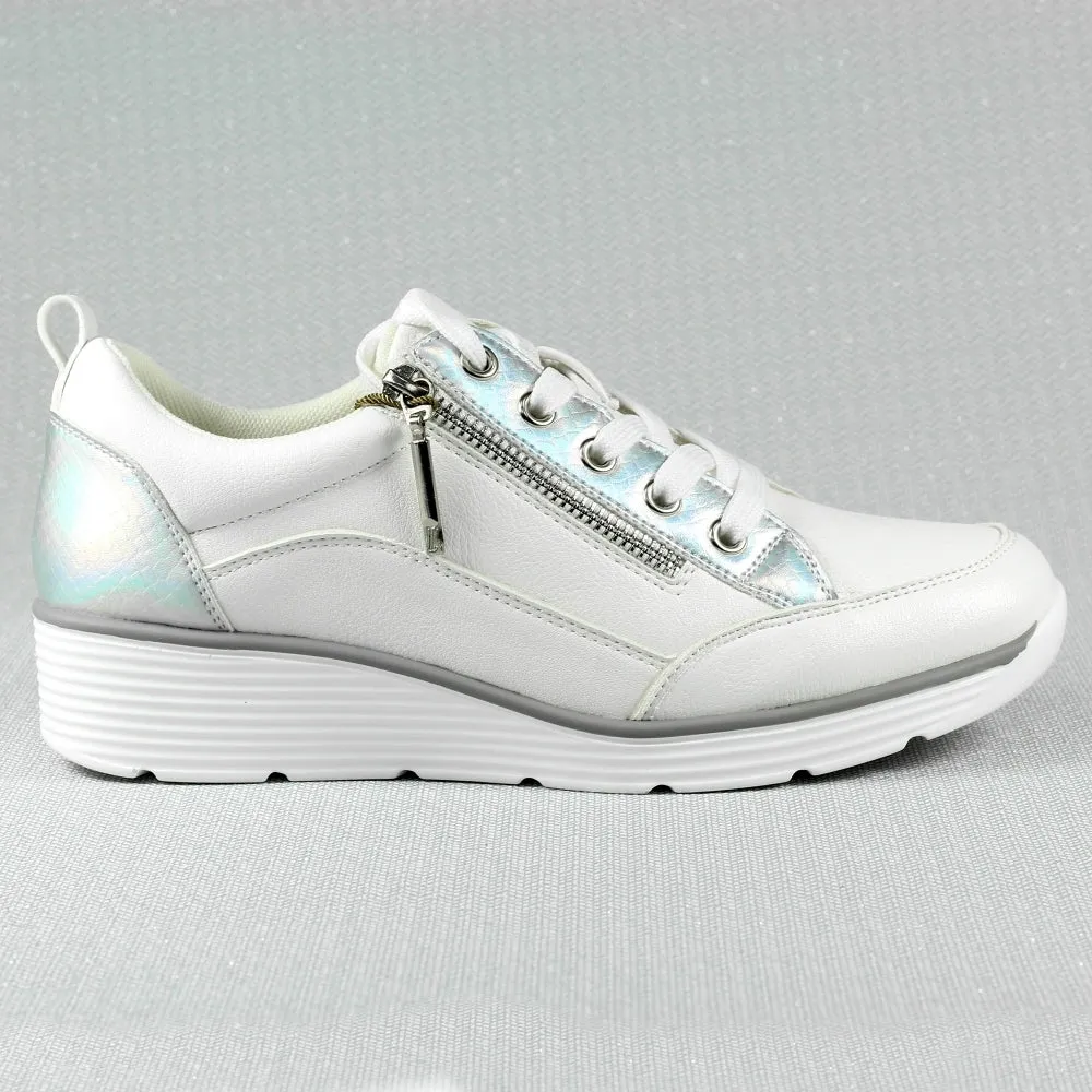 Ladies Lunar Shoes Kiley Trainer White Wedge Heel Laced Zip