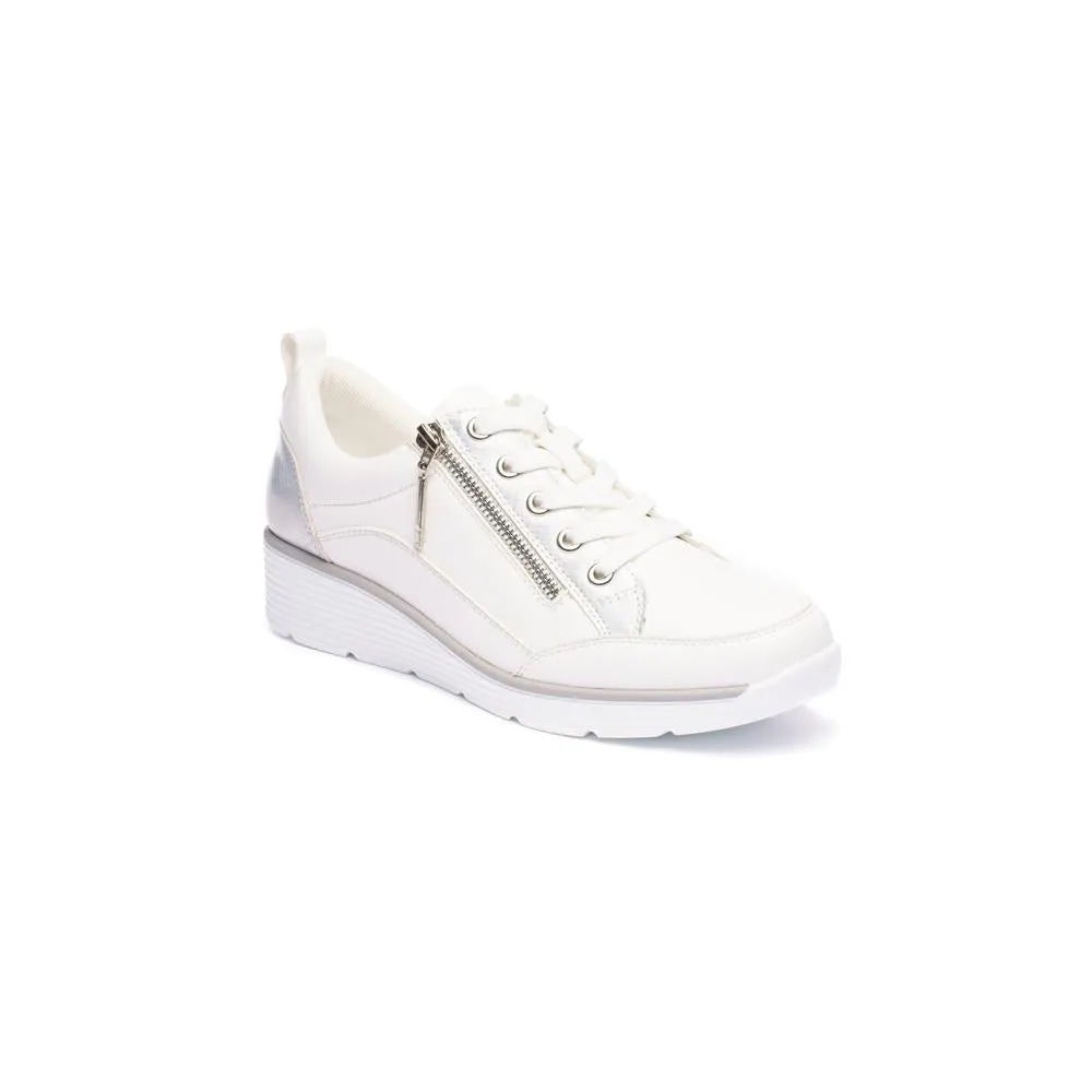 Ladies Lunar Shoes Kiley Trainer White Wedge Heel Laced Zip