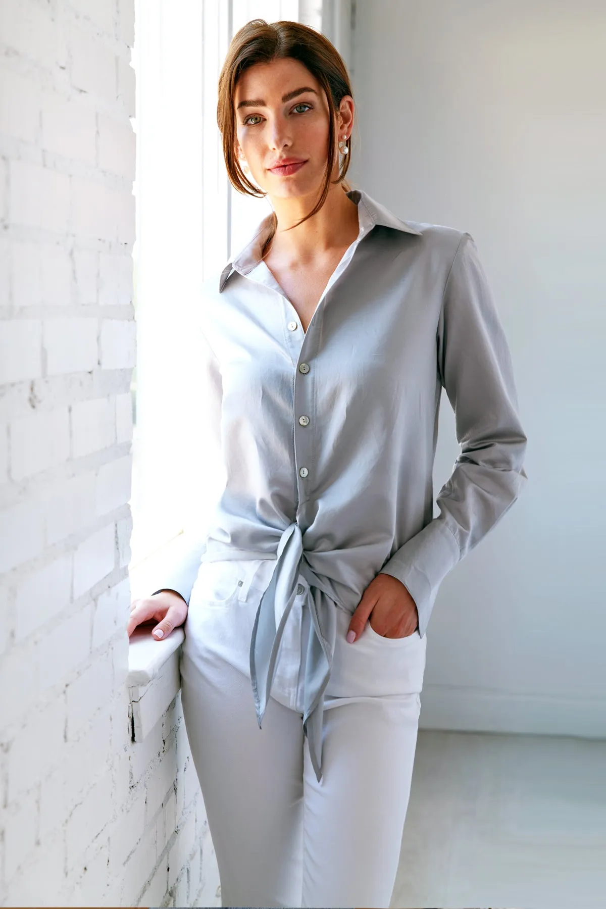 Lindy Tie Front Blouse Silver Silk/Cotton