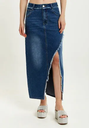 Liquorish Blue Wrap Front Maxi Denim Skirt