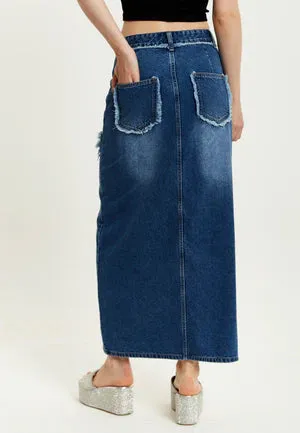 Liquorish Blue Wrap Front Maxi Denim Skirt