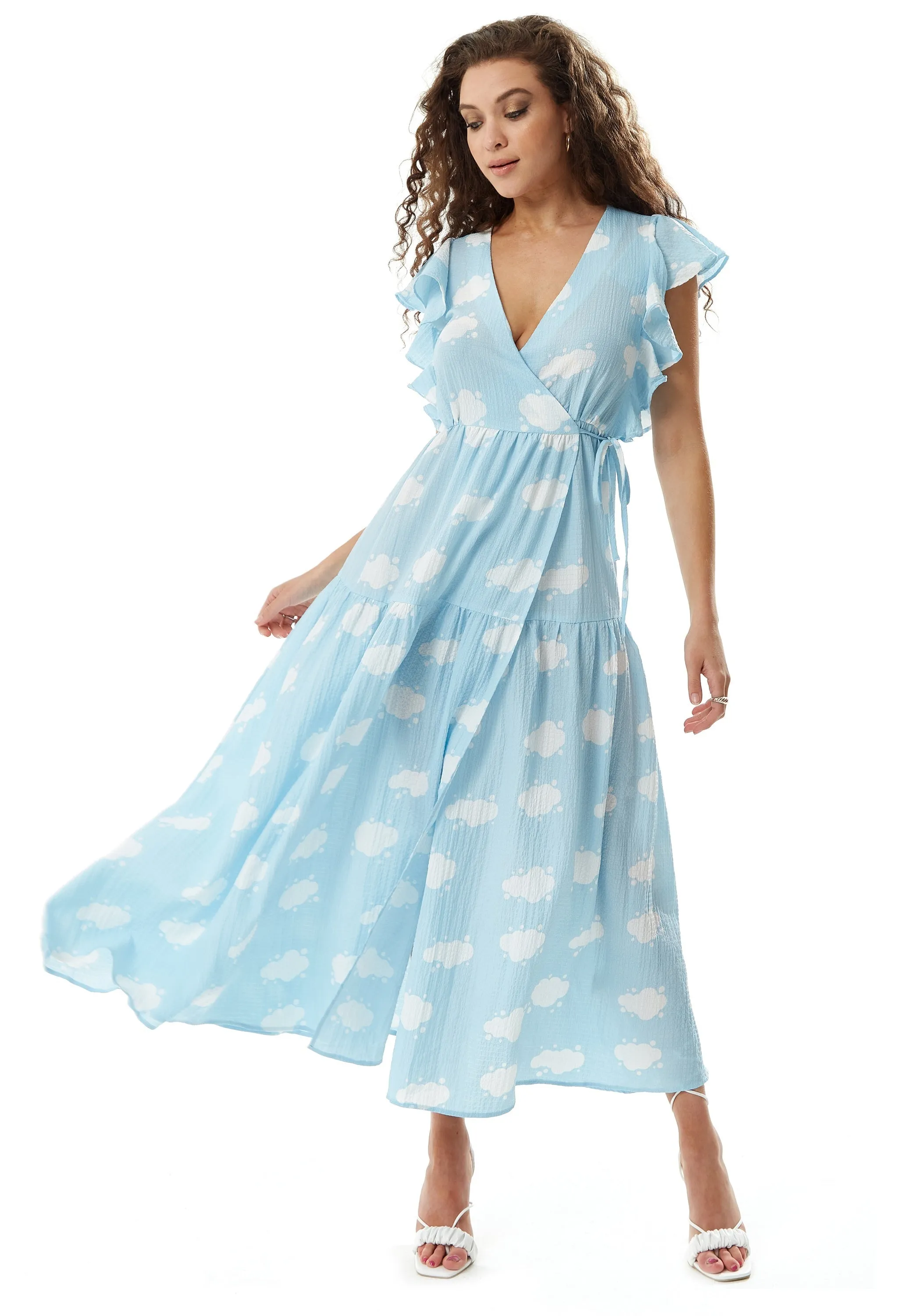 Liquorish Cloud Print Midi Wrap Dress With Frill Sleeve Blue