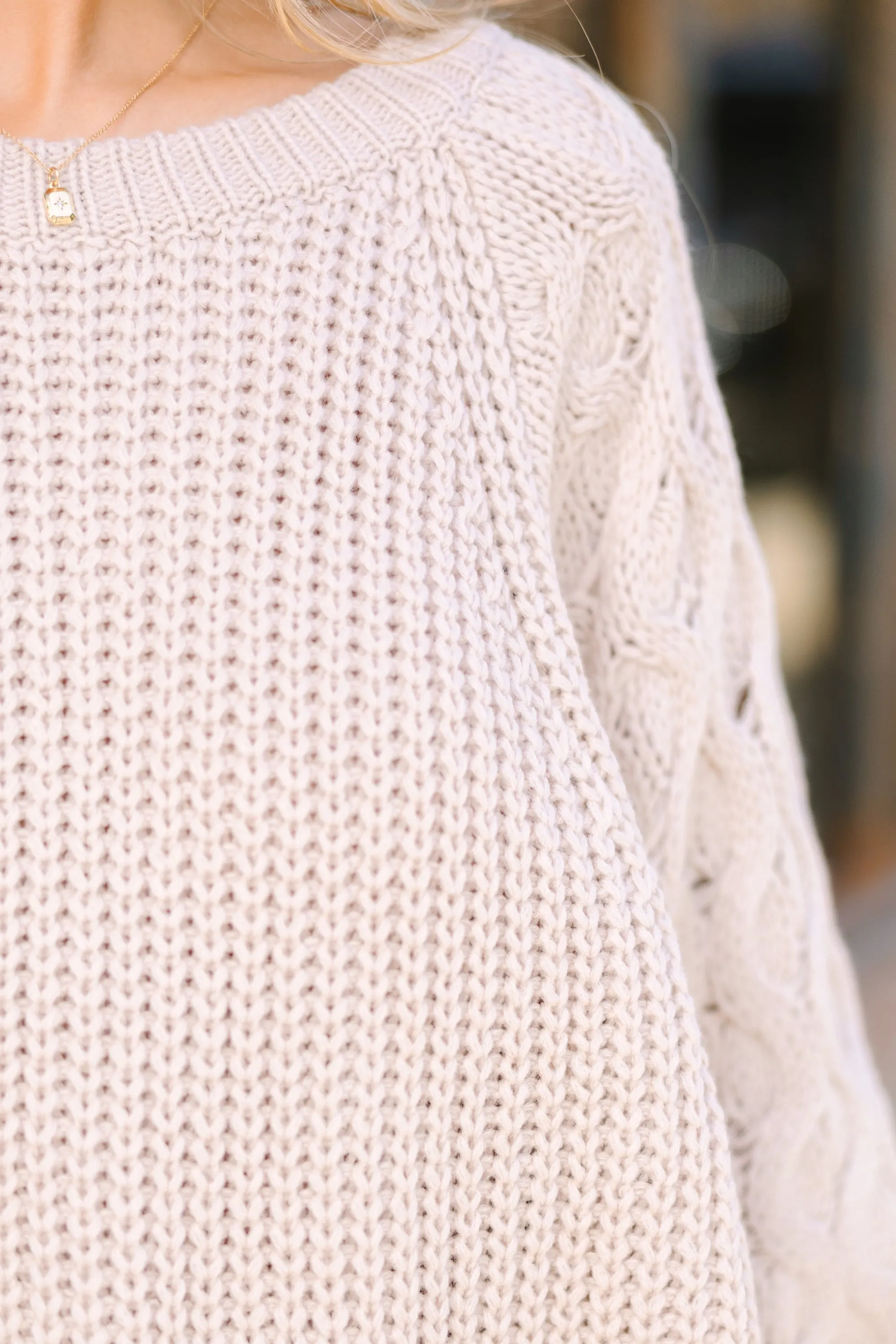 Living Your Dream Oatmeal White Cable Knit Sweater