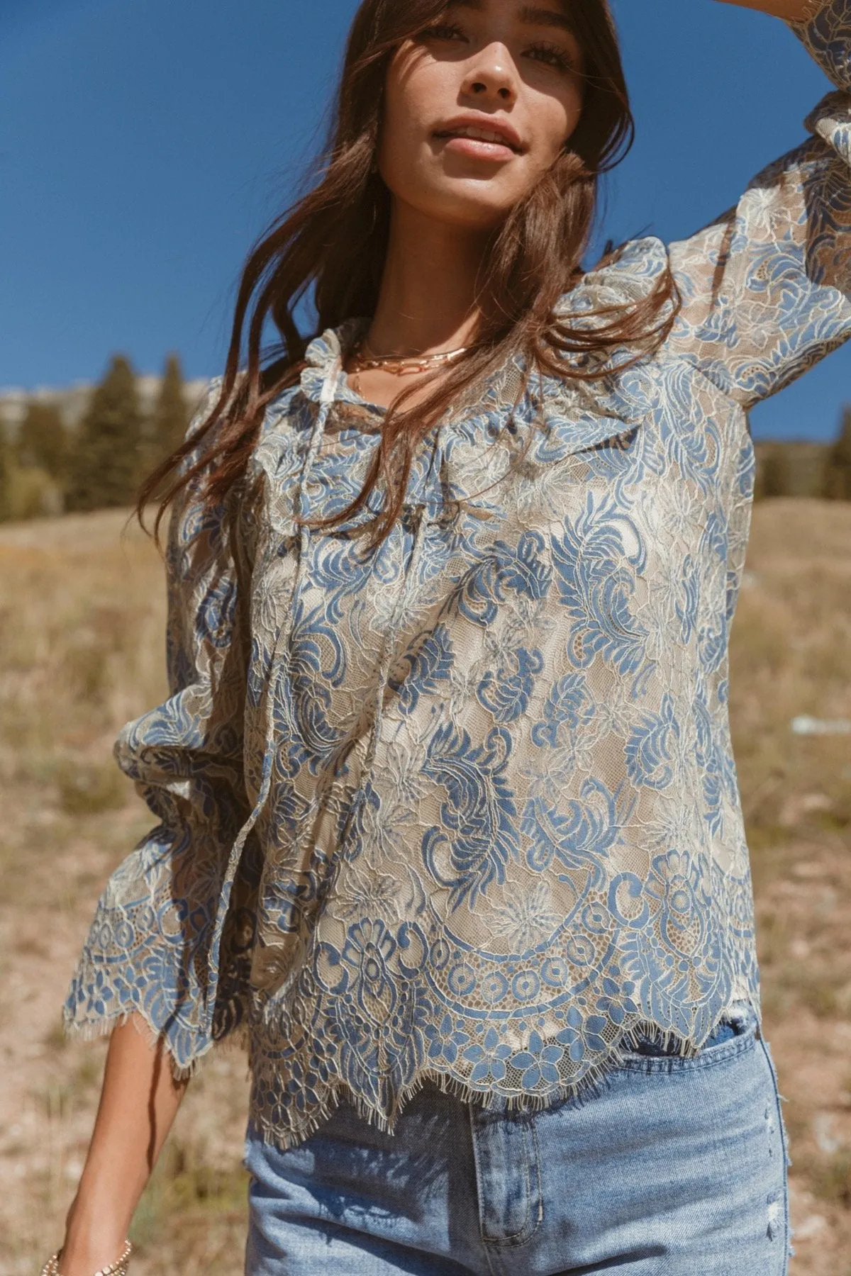 Lookin' Pretty Tie-Neck Lace Blouse