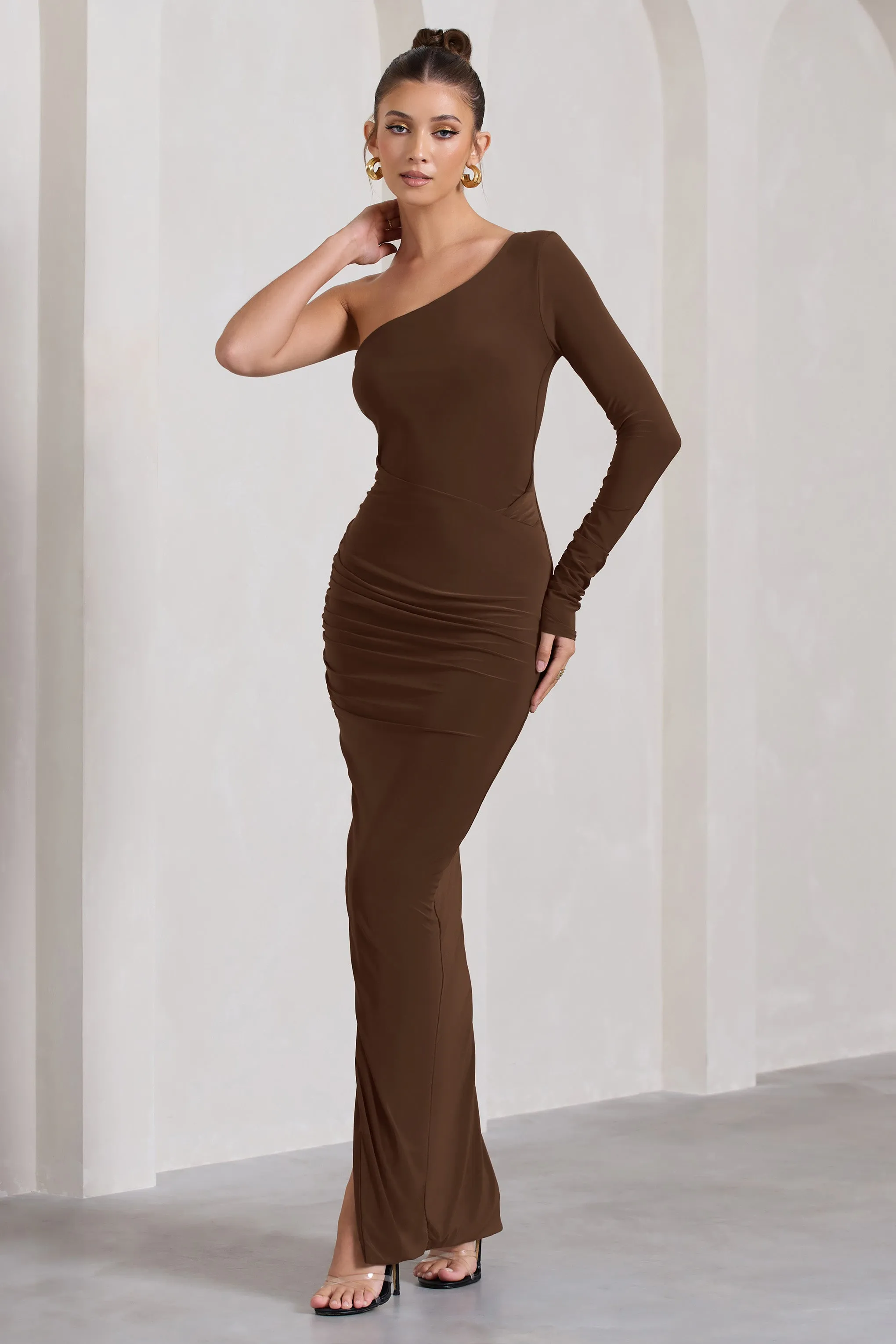 Mallory | Chocolate Brown Asymmetric Split Maxi Dress