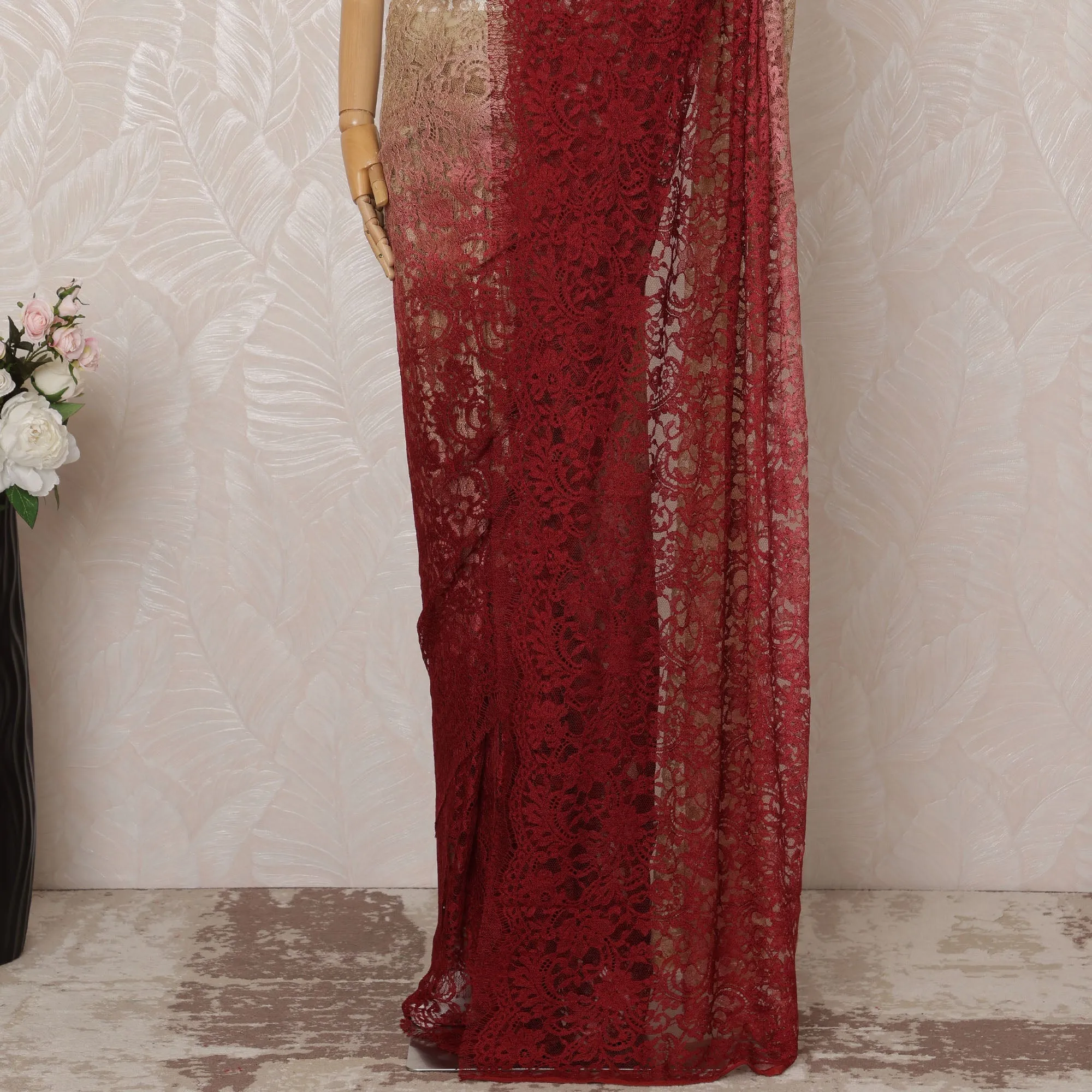 Maroon and Beige Ombre Premium French Chantilly Saree Lace - 5.5 Meters, Floral Design, 110 cm Width-D20758