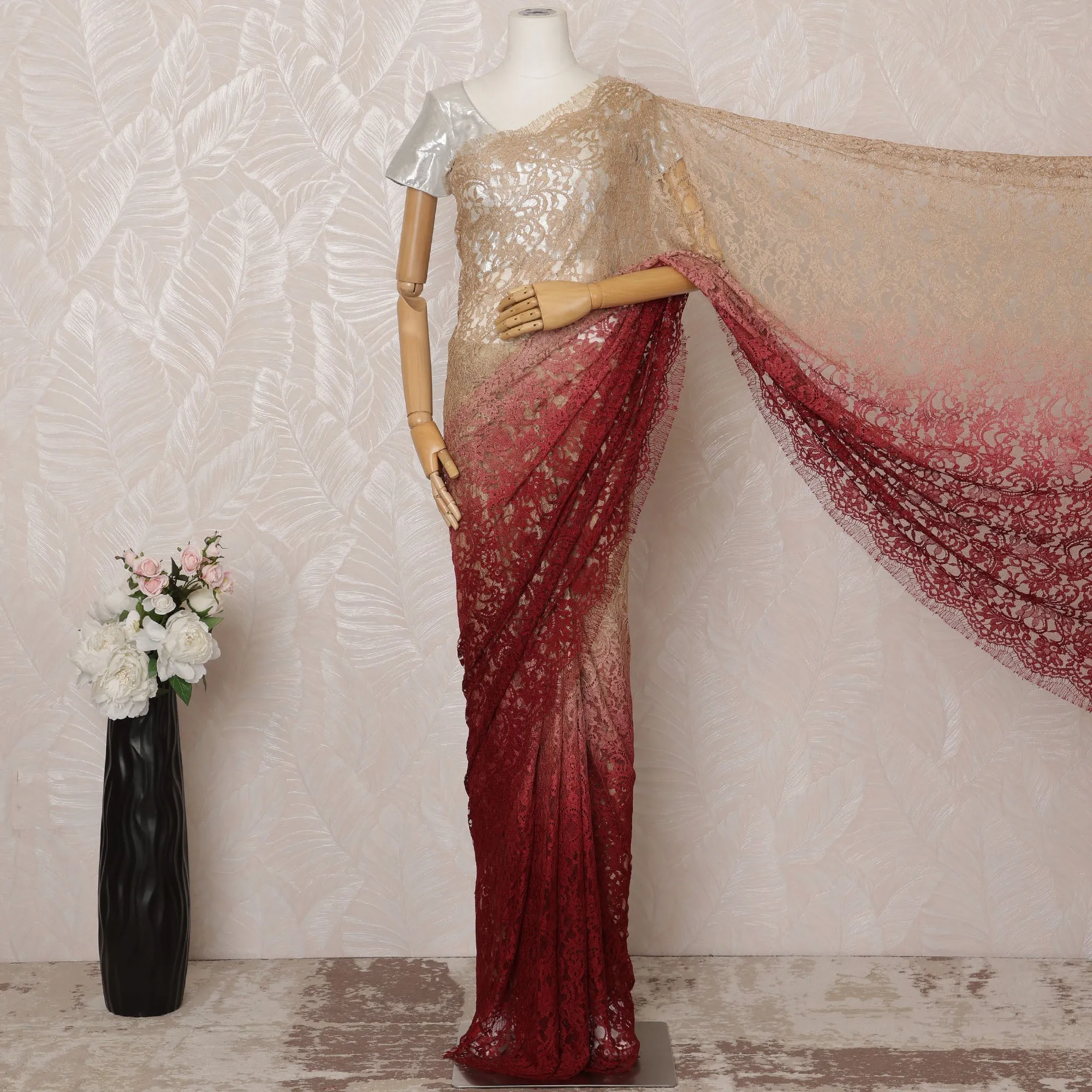 Maroon and Beige Ombre Premium French Chantilly Saree Lace - 5.5 Meters, Floral Design, 110 cm Width-D20758