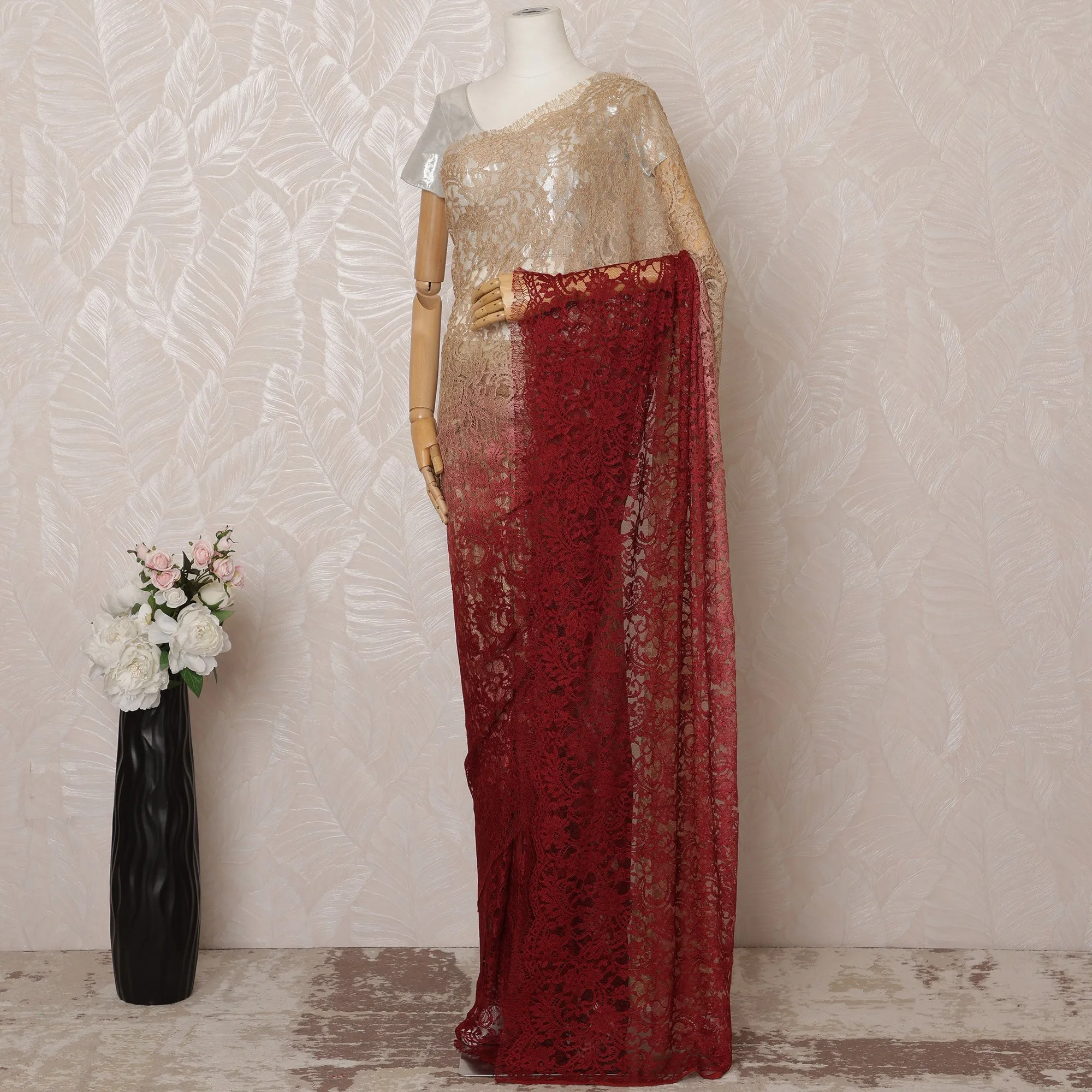 Maroon and Beige Ombre Premium French Chantilly Saree Lace - 5.5 Meters, Floral Design, 110 cm Width-D20758