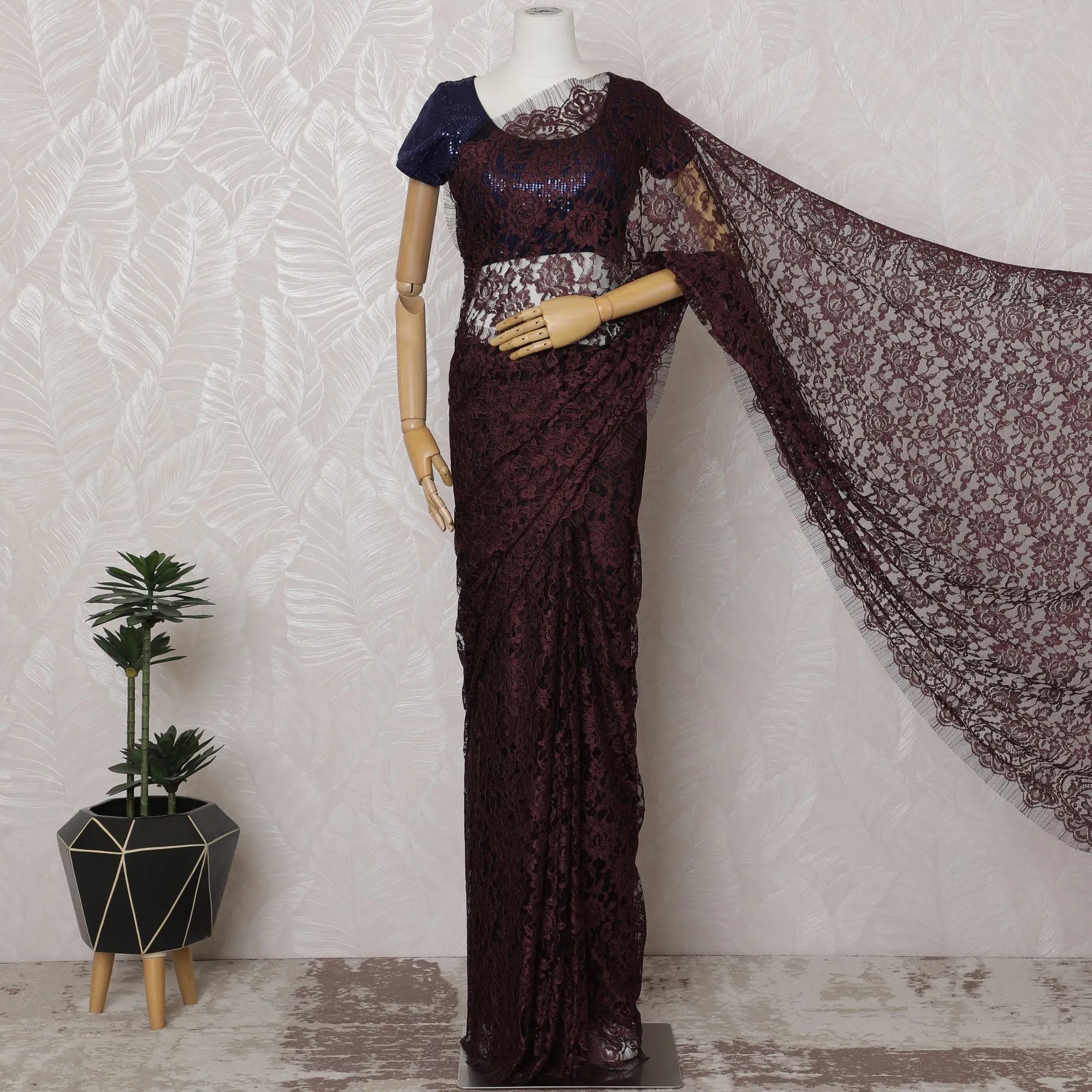 Maroon and Black French Two-tone Chantilly Lace Saree - 110 cm Width, 5.5 Meters-D20170