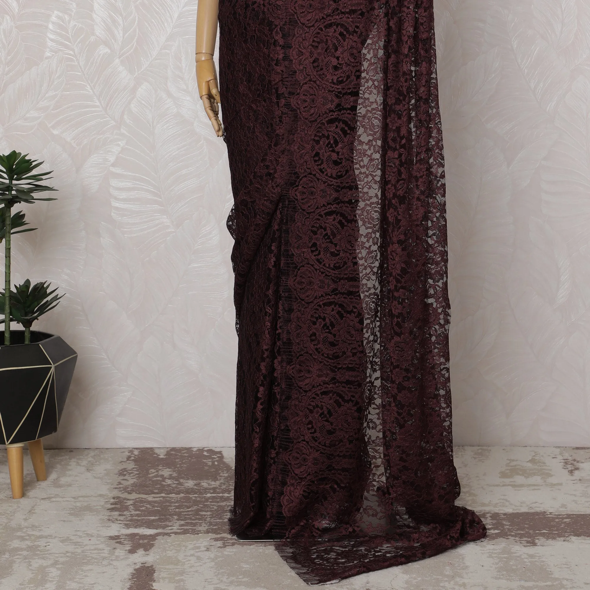 Maroon and Black French Two-tone Chantilly Lace Saree - 110 cm Width, 5.5 Meters-D20170