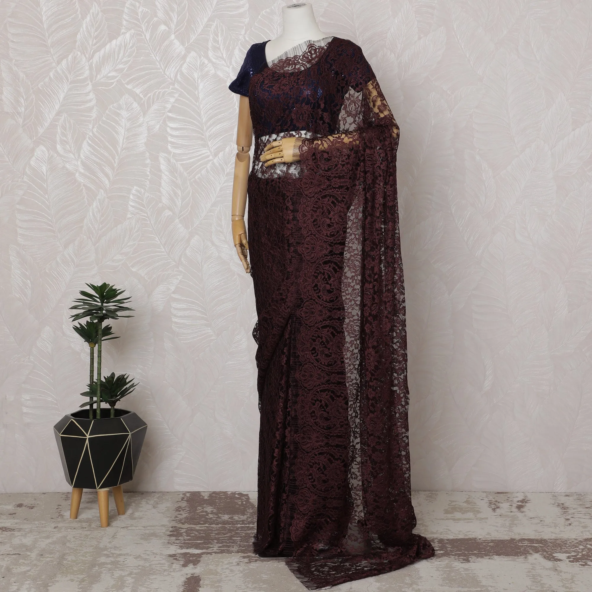 Maroon and Black French Two-tone Chantilly Lace Saree - 110 cm Width, 5.5 Meters-D20170