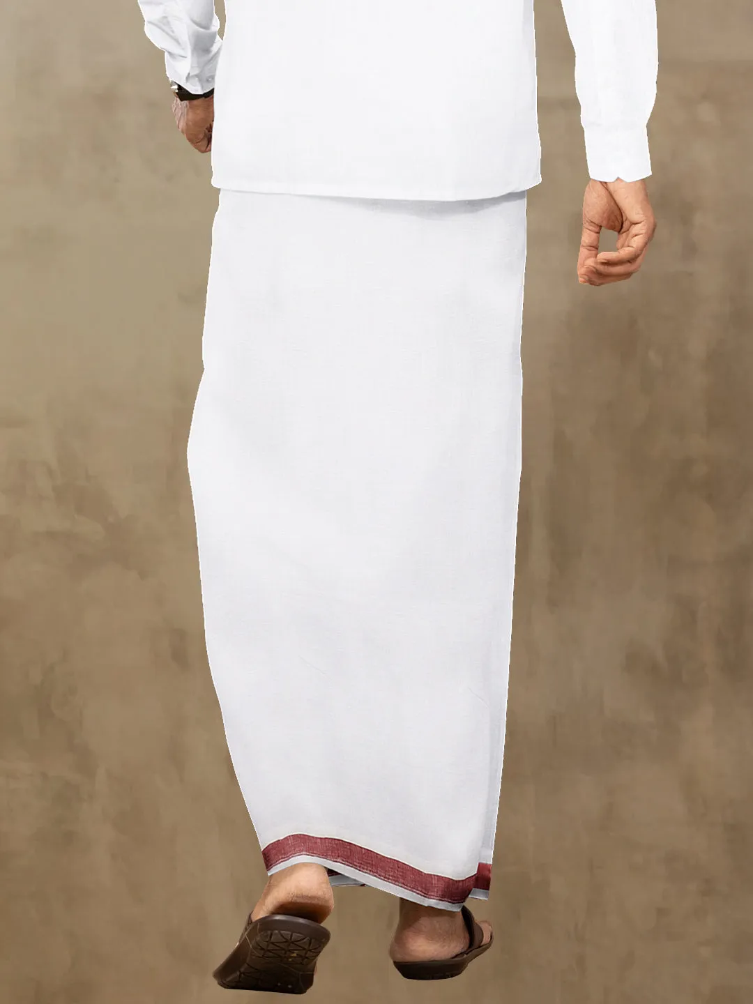 Men Maroon Border Premium Pure Linen Double Dhoti White 770