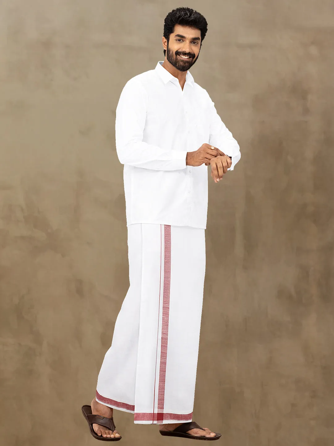 Men Maroon Border Premium Pure Linen Double Dhoti White 770