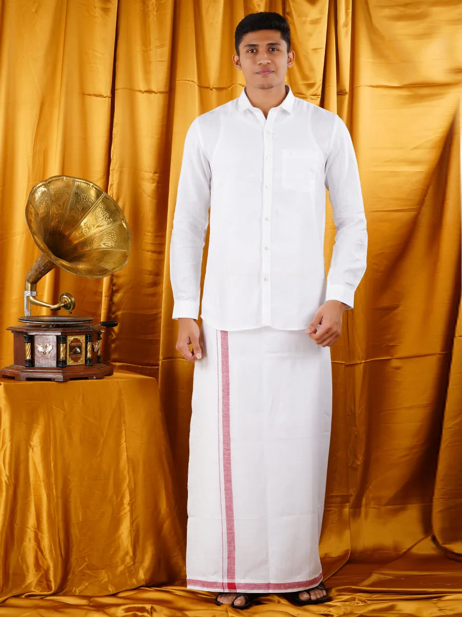 Mens Premium Pure Linen Shirt Full Sleeve with Double Dhoti White 770