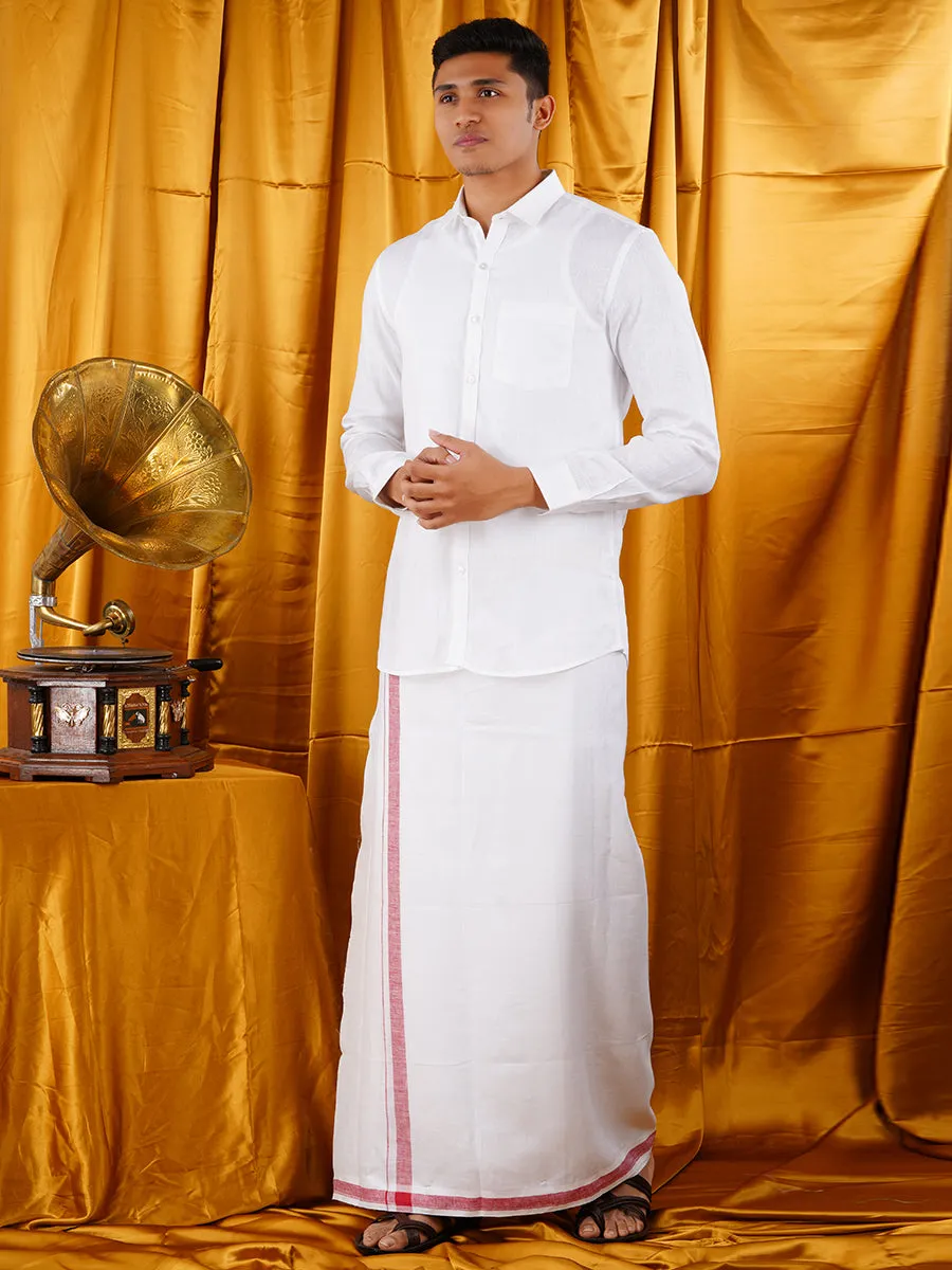 Mens Premium Pure Linen Shirt Full Sleeve with Double Dhoti White 770