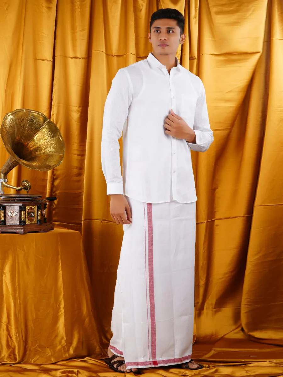 Mens Premium Pure Linen Shirt Full Sleeve with Double Dhoti White 770