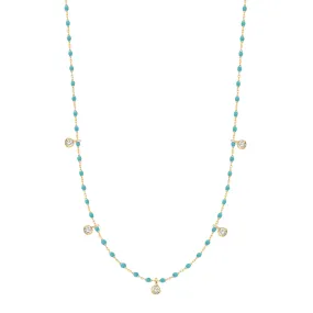 Mini Gigi Turquoise Green necklace, Yellow Gold 5 diamond, 21.7"